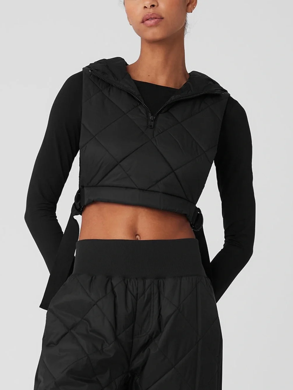ALO YOGA Snowrider Women's Black Cropped Sleeveless Hooded Puffer Top Size S